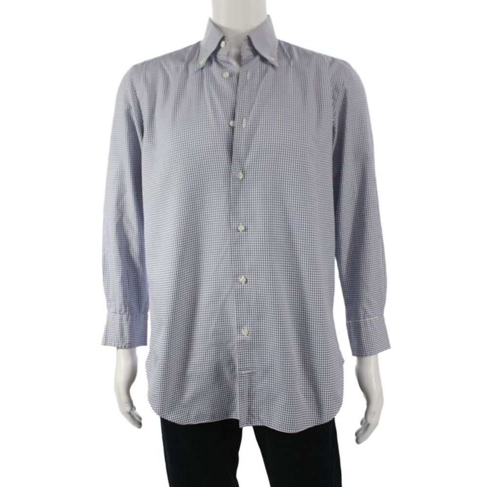 Cesare Attolini Mens Cotton Grid Striped Print Buttoned-Up Blue Size L